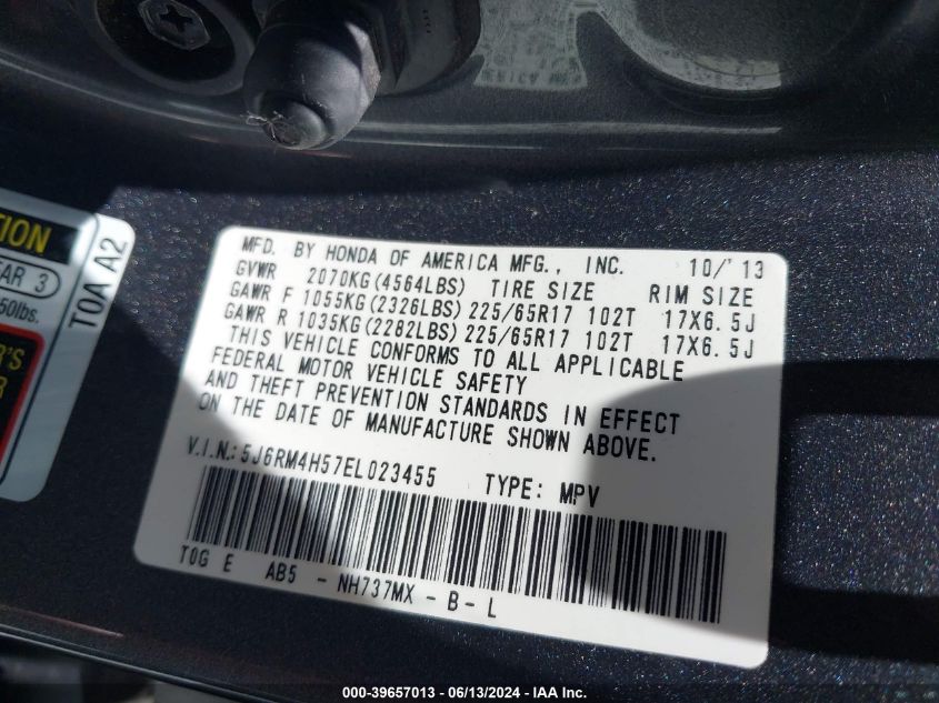 2014 Honda Cr-V Ex VIN: 5J6RM4H57EL023455 Lot: 39657013