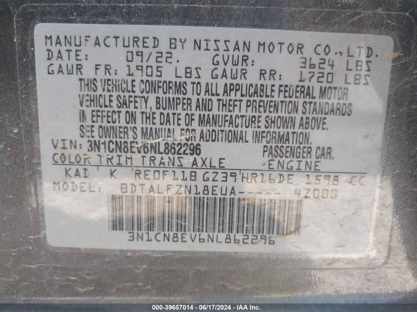 2022 Nissan Versa 1.6 Sv Xtronic Cvt VIN: 3N1CN8EV6NL862296 Lot: 39657014