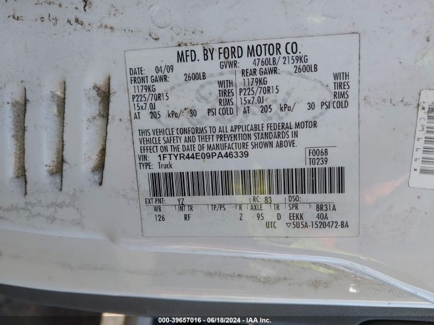 2009 Ford Ranger Sport/Xlt VIN: 1FTYR44E09PA46339 Lot: 39657016