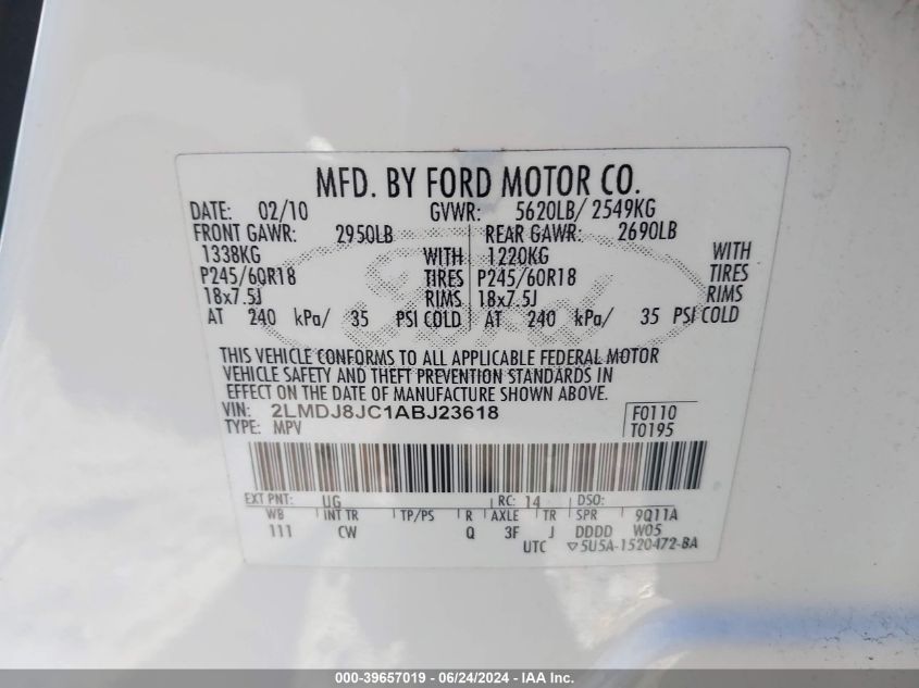 2010 Lincoln Mkx VIN: 2LMDJ8JC1ABJ23618 Lot: 39657019