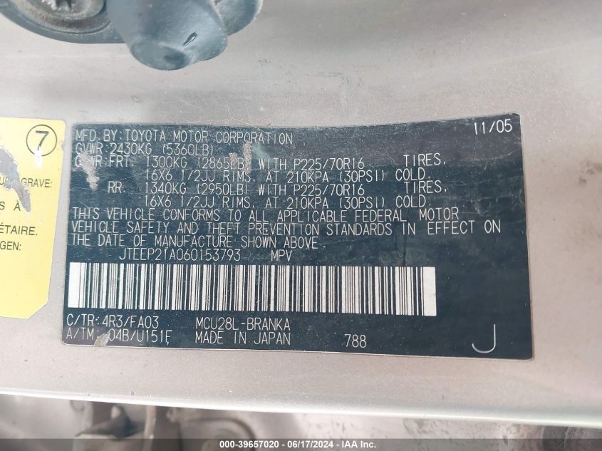 2006 Toyota Highlander V6 VIN: JTEEP21A060153793 Lot: 39657020