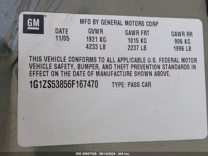 2006 Chevrolet Malibu Ls VIN: 1G1ZS53856F167470 Lot: 39657029