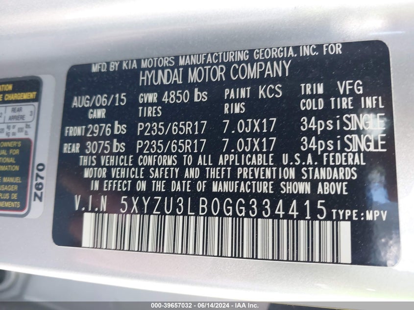 2016 Hyundai Santa Fe Sport 2.4L VIN: 5XYZU3LB0GG334415 Lot: 39657032