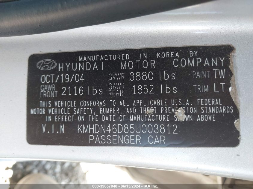 2005 Hyundai Elantra Gls/Gt VIN: KMHDN46D85U003812 Lot: 39657048