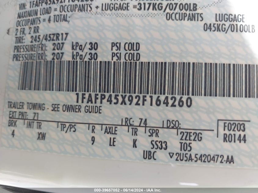 2002 Ford Mustang Gt VIN: 1FAFP45X92F164260 Lot: 39657052