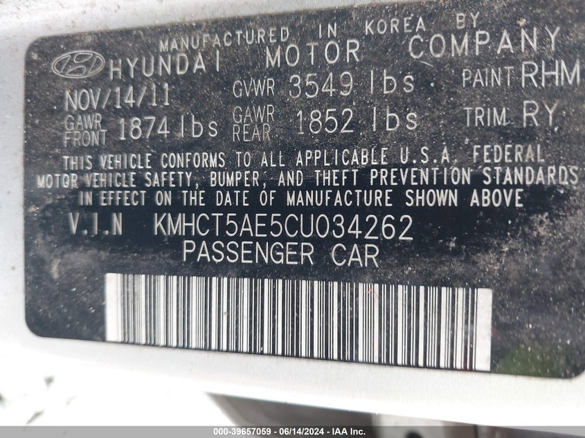 2012 Hyundai Accent Gs VIN: KMHCT5AE5CU034262 Lot: 39657059