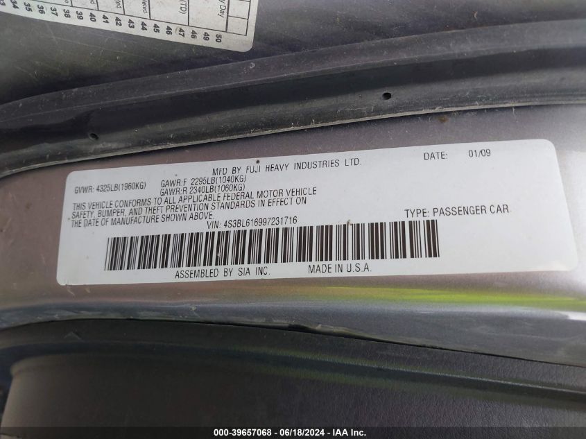 2009 Subaru Legacy 2.5I VIN: 4S3BL616997231716 Lot: 39657068