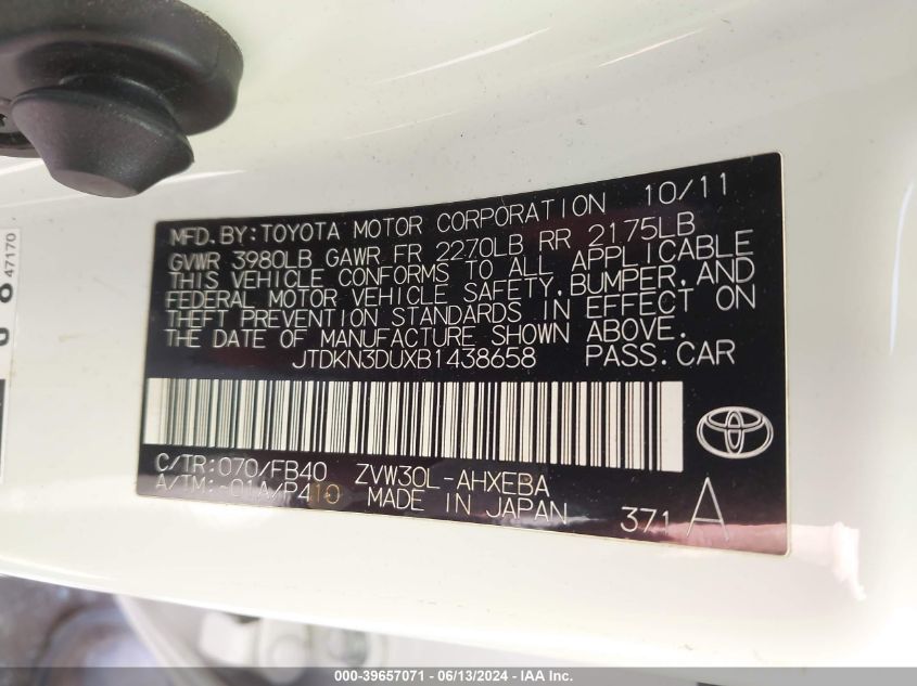 2011 Toyota Prius Three VIN: JTDKN3DUXB1438658 Lot: 39657071