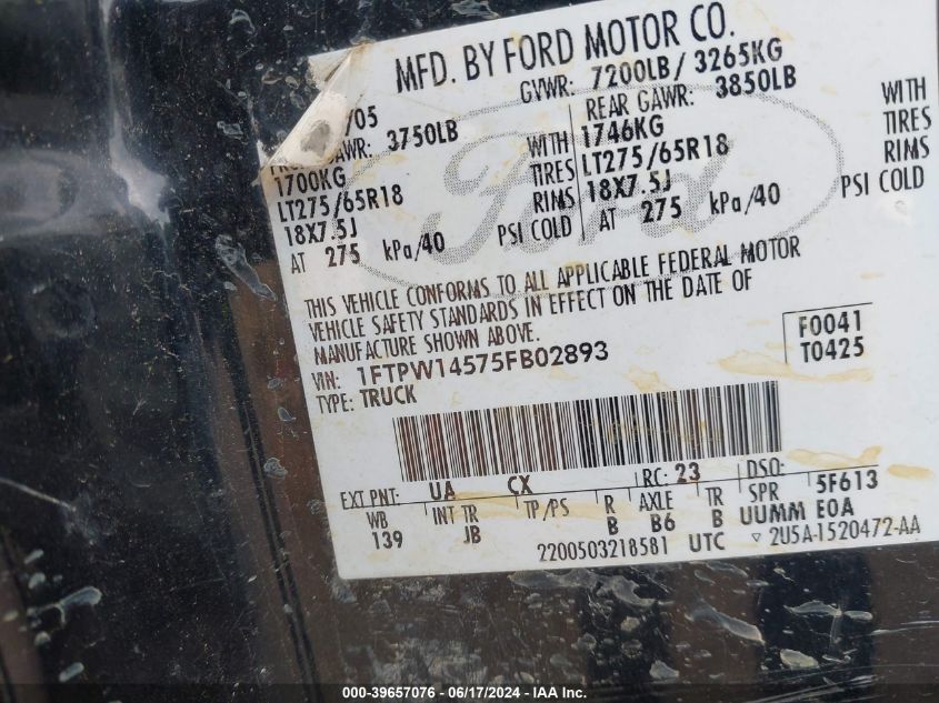 2005 Ford F-150 Fx4/Lariat/Xlt VIN: 1FTPW14575FB02893 Lot: 39657076