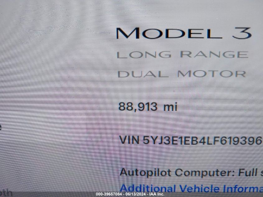 2020 Tesla Model 3 Long Range Dual Motor All-Wheel Drive VIN: 5YJ3E1EB4LF619396 Lot: 39657084