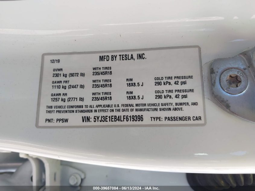 2020 Tesla Model 3 Long Range Dual Motor All-Wheel Drive VIN: 5YJ3E1EB4LF619396 Lot: 39657084