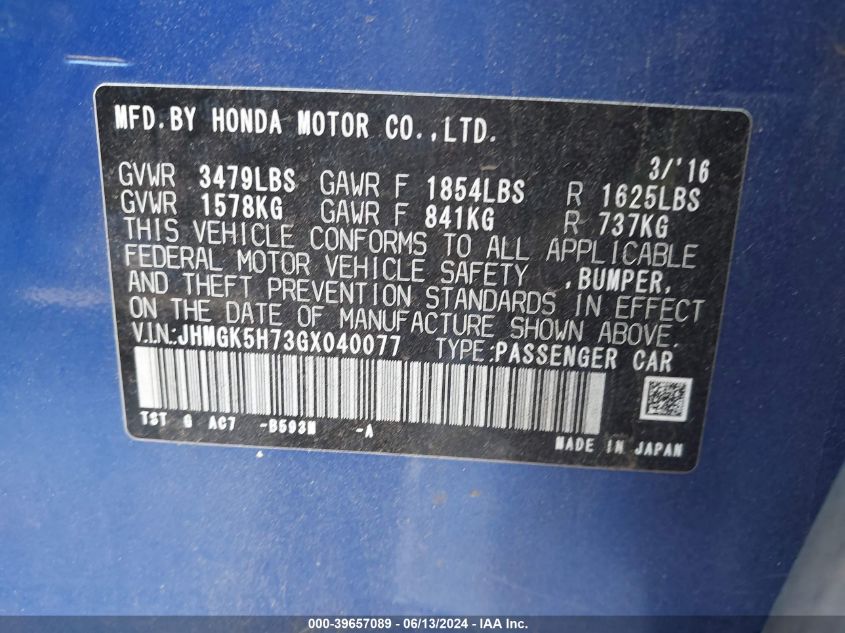 2016 Honda Fit Ex VIN: JHMGK5H73GX040077 Lot: 39657089