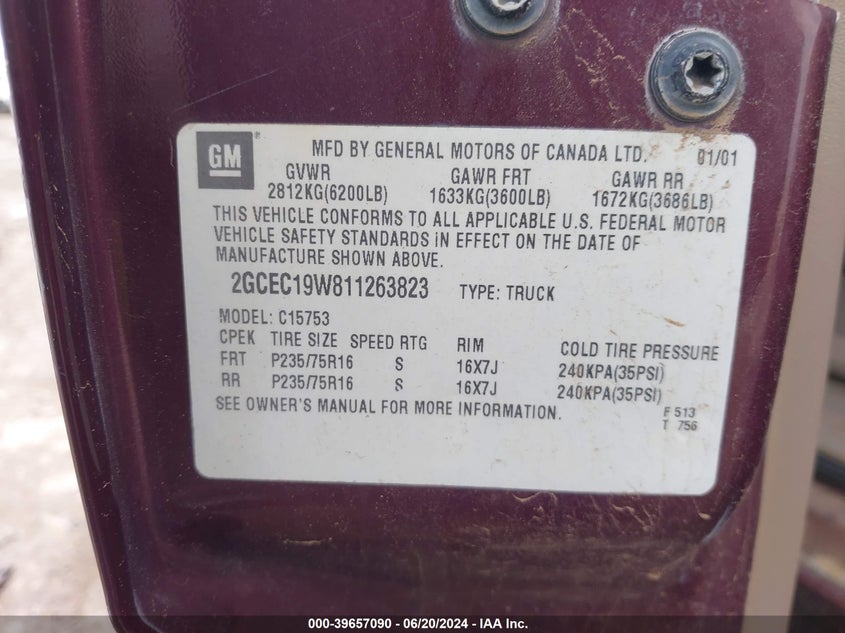 2001 Chevrolet Silverado 1500 Ls VIN: 2GCEC19W811263823 Lot: 39657090