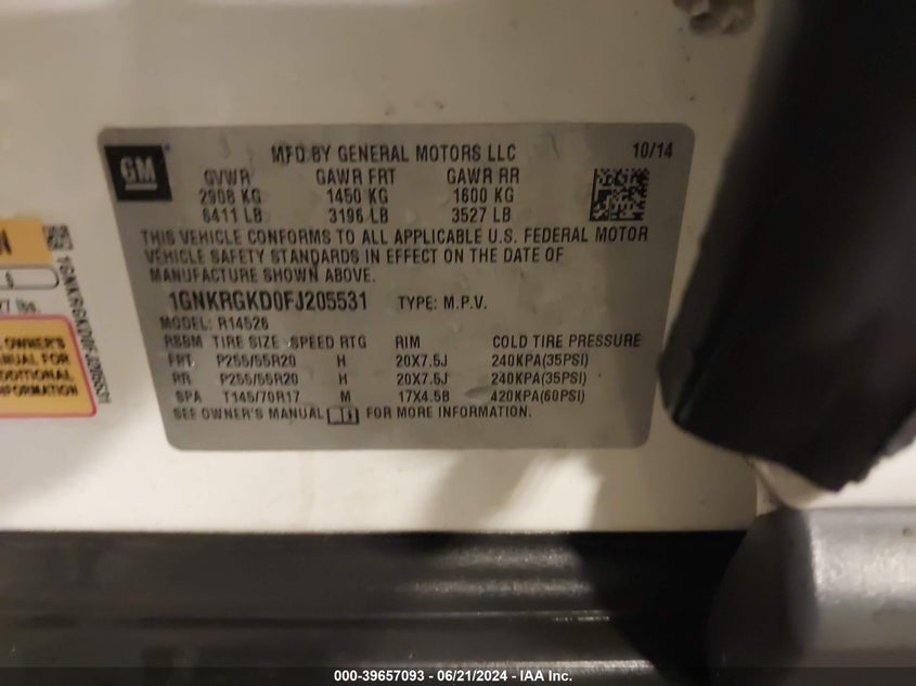 2015 Chevrolet Traverse 1Lt VIN: 1GNKRGKD0FJ205531 Lot: 39657093