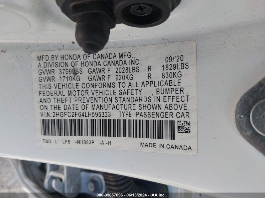 2020 Honda Civic Lx VIN: 2HGFC2F64LH595333 Lot: 39657096