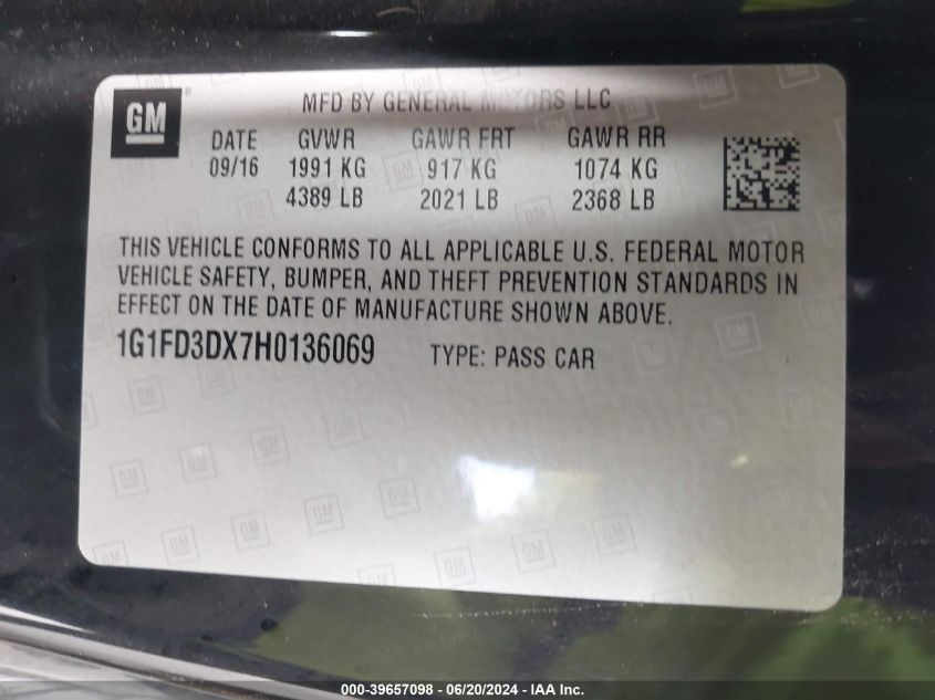 2017 Chevrolet Camaro 2Lt VIN: 1G1FD3DX7H0136069 Lot: 39657098