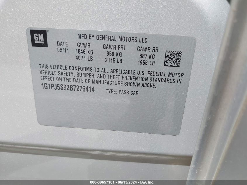 2011 Chevrolet Cruze Eco VIN: 1G1PJ5S92B7276414 Lot: 39657101