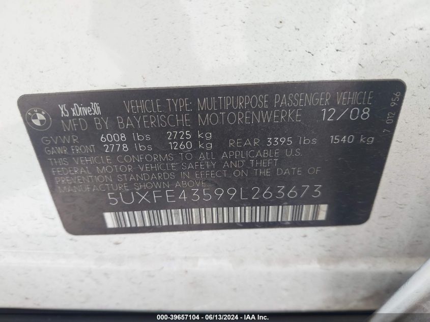 2009 BMW X5 xDrive30I VIN: 5UXFE43599L263673 Lot: 39657104