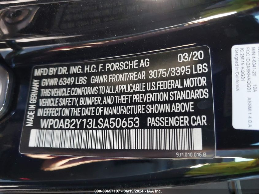 2020 Porsche Taycan 4S VIN: WP0AB2Y13LSA50653 Lot: 39657107