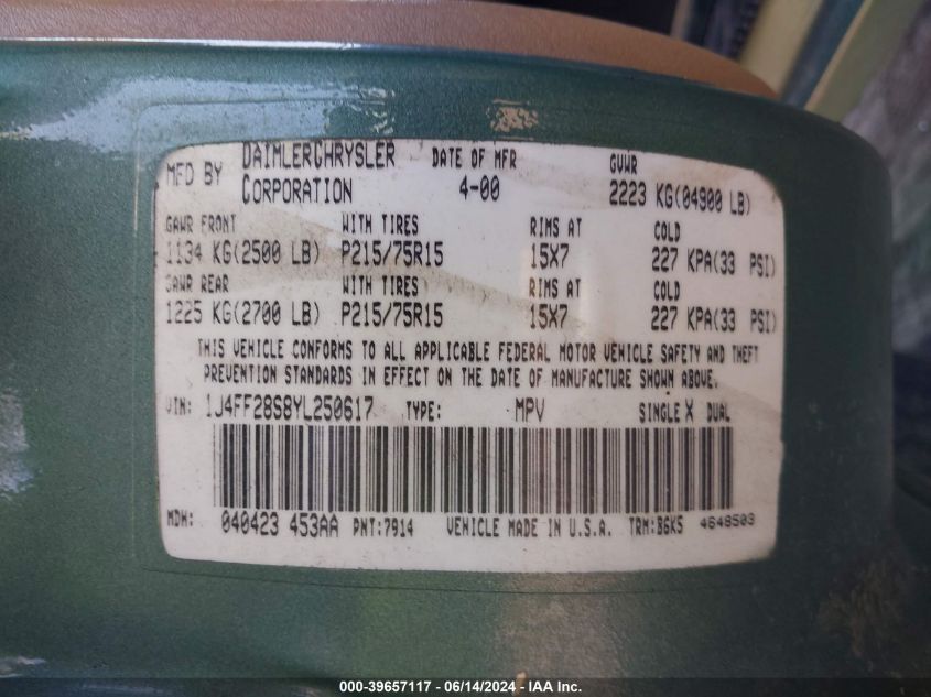 2000 Jeep Cherokee Se VIN: 1J4FF28S8YL250617 Lot: 39657117