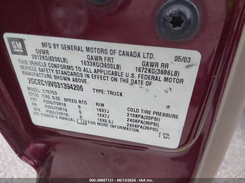 2003 Chevrolet Silverado 1500 Ls VIN: 2GCEC19V031394206 Lot: 39657131