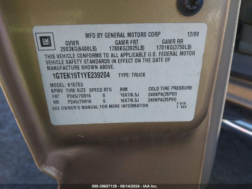 2000 GMC Sierra 1500 Sle VIN: 1GTEK19T1YE239204 Lot: 39657139