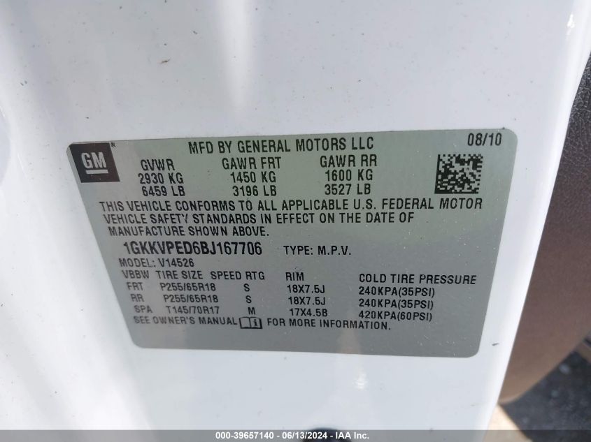 2011 GMC Acadia Sle VIN: 1GKKVPED6BJ167706 Lot: 39657140