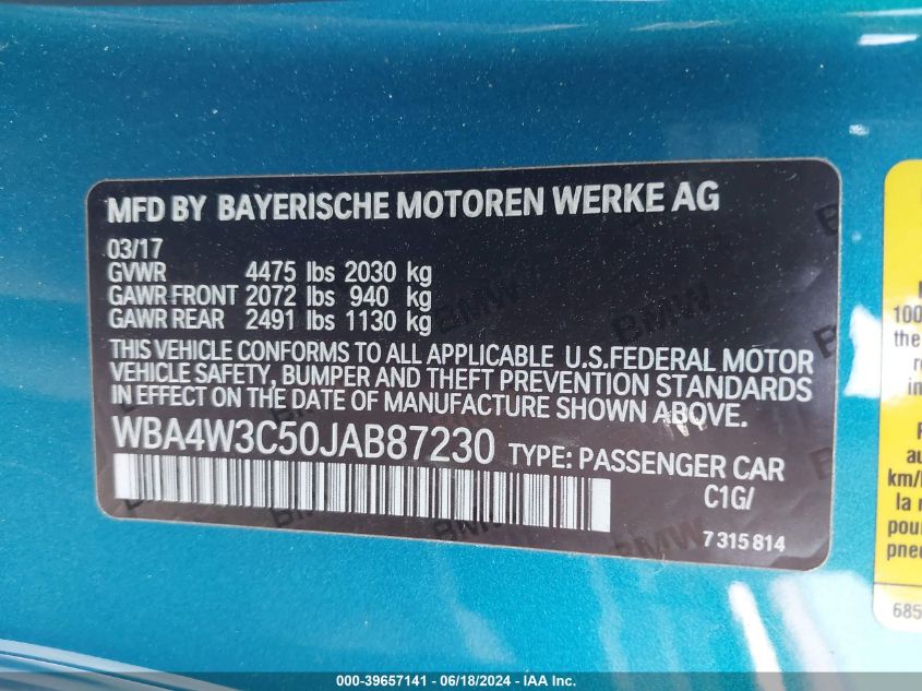 2018 BMW 430I VIN: WBA4W3C50JAB87230 Lot: 39657141