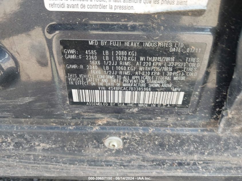 2011 Subaru Outback 2.5I VIN: 4S4BRCAC7B3385966 Lot: 39657150