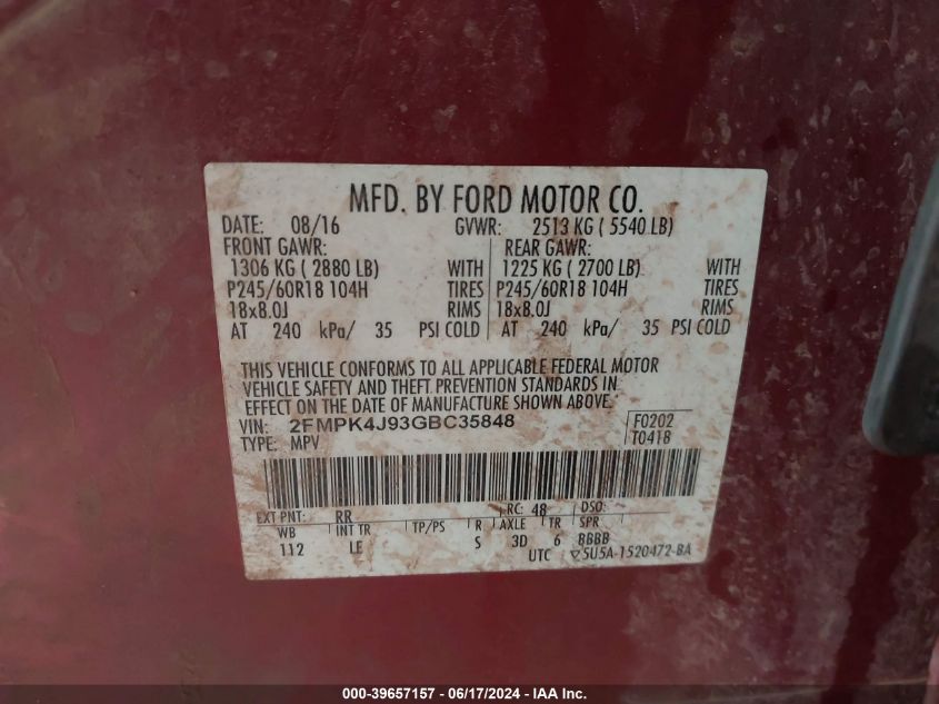 2016 Ford Edge Sel VIN: 2FMPK4J93GBC35848 Lot: 39657157