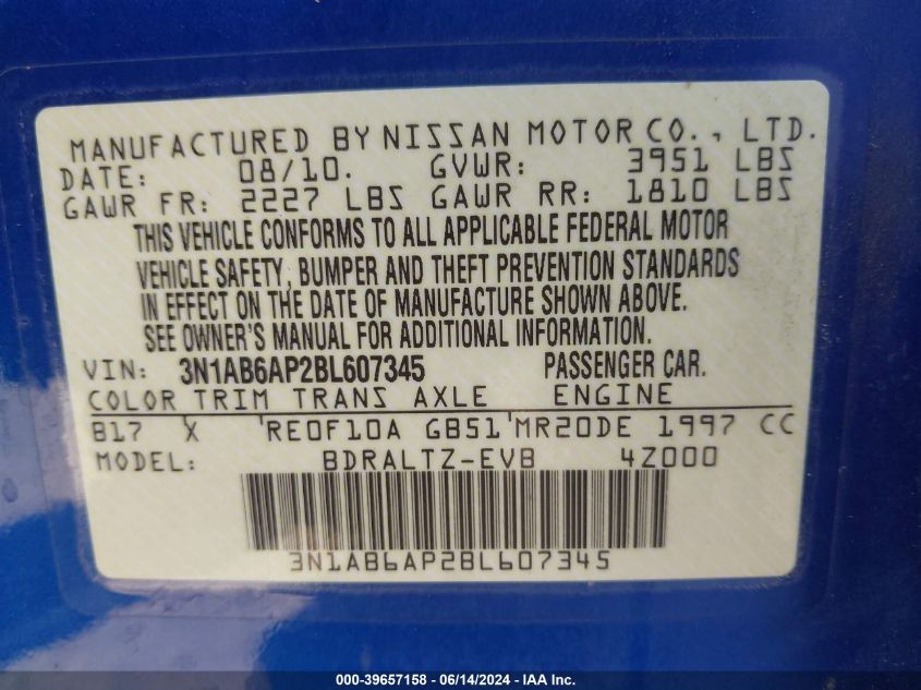 2011 Nissan Sentra 2.0Sr VIN: 3N1AB6AP2BL607345 Lot: 39657158