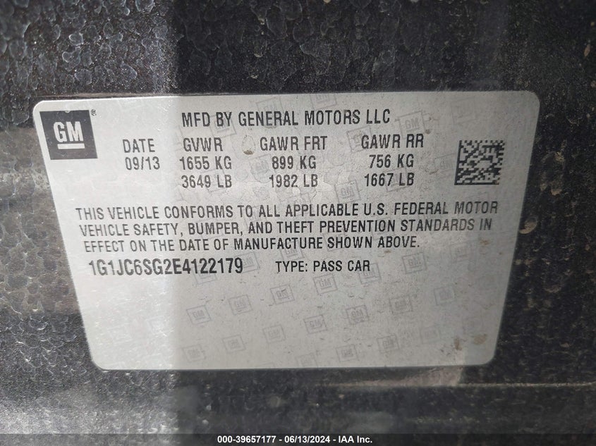 2014 Chevrolet Sonic Lt Auto VIN: 1G1JC6SG2E4122179 Lot: 39657177