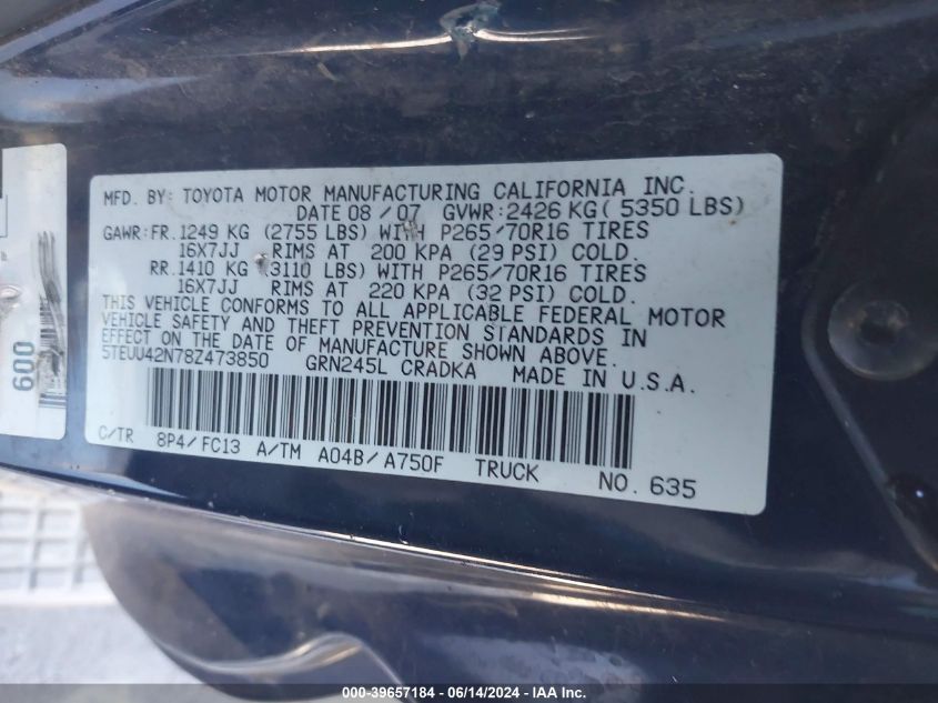 2008 Toyota Tacoma Base V6 VIN: 5TEUU42N78Z473850 Lot: 39657184