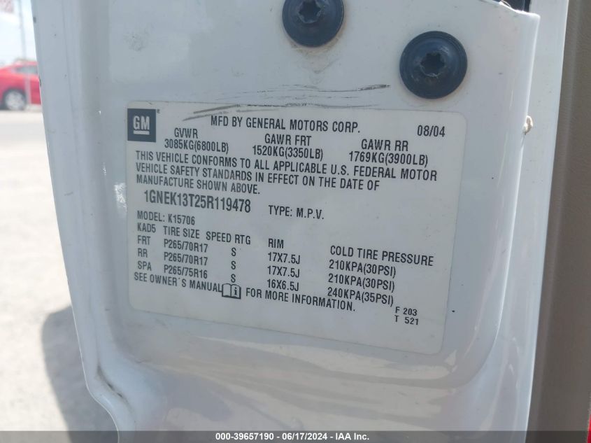 2005 Chevrolet Tahoe Z71 VIN: 1GNEK13T25R119478 Lot: 39657190