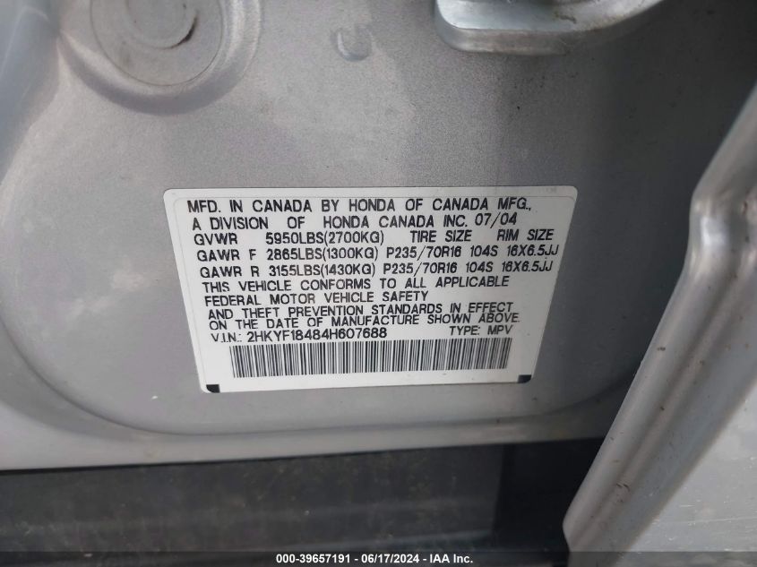 2004 Honda Pilot Ex VIN: 2HKYF18484H607688 Lot: 39657191