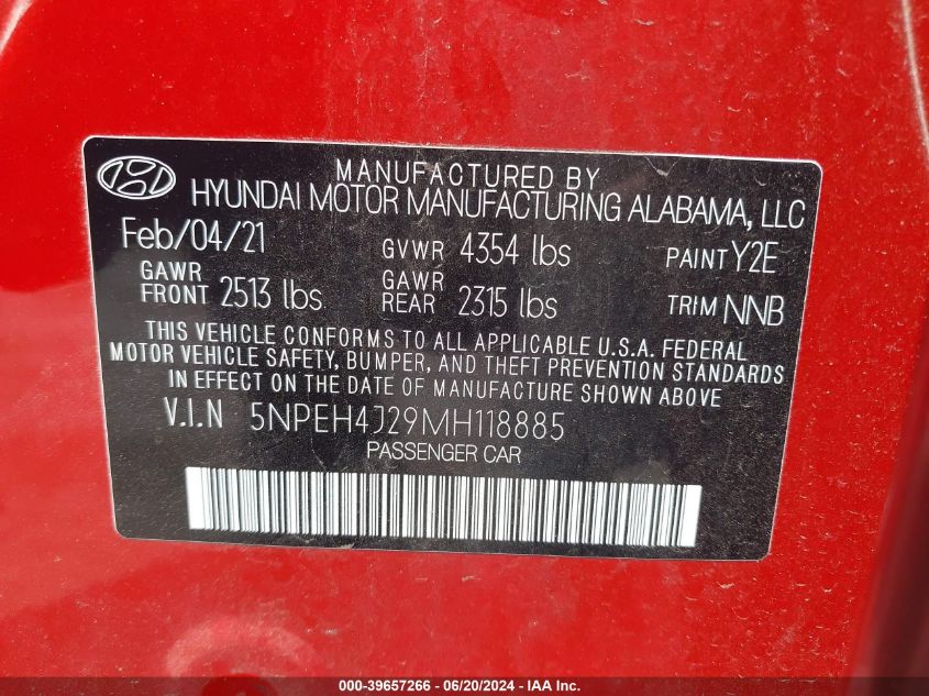 2021 Hyundai Sonata Limited VIN: 5NPEH4J29MH118885 Lot: 39657266