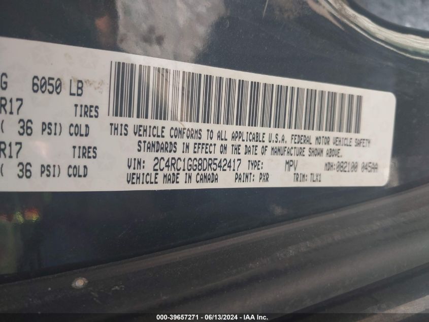 2013 Chrysler Town & Country Limited VIN: 2C4RC1GG8DR542417 Lot: 39657271