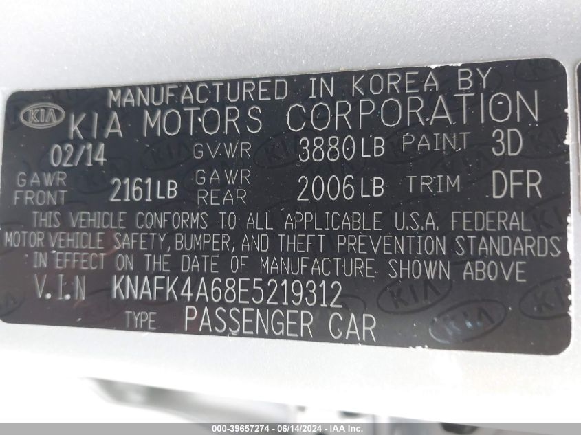 2014 Kia Forte Lx VIN: KNAFK4A68E5219312 Lot: 39657274