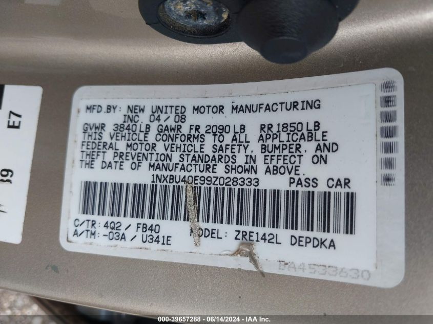 2009 Toyota Corolla Le VIN: 1NXBU40E99Z028333 Lot: 39657288