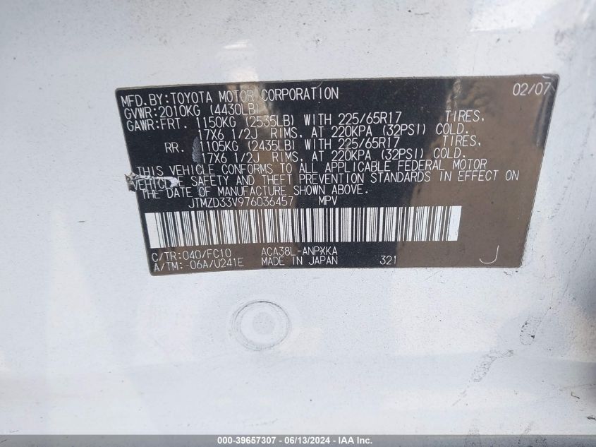 2007 Toyota Rav4 VIN: JTMZD33V976036457 Lot: 39657307