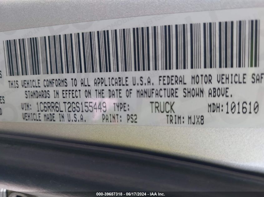 2016 Ram 1500 Lone Star VIN: 1C6RR6LT2GS155449 Lot: 39657318