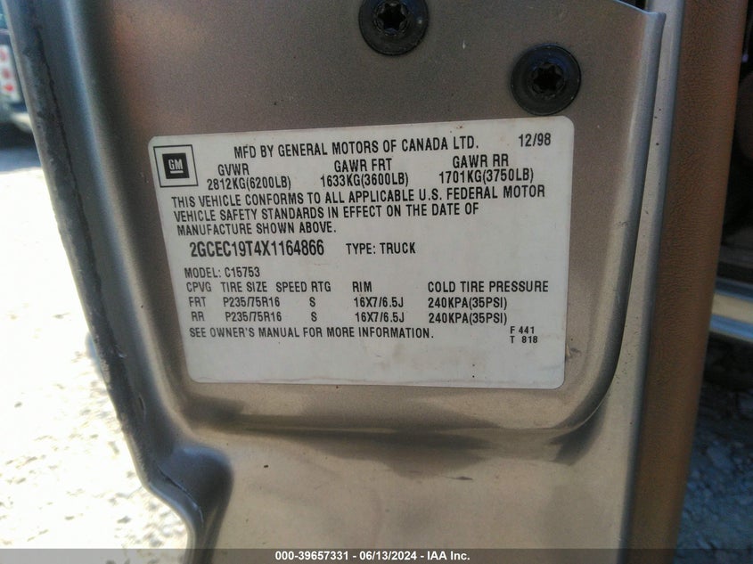 1999 Chevrolet Silverado 1500 Ls VIN: 2GCEC19T4X1164866 Lot: 39657331