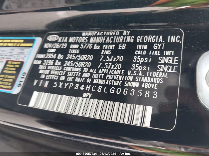 2020 Kia Telluride Ex VIN: 5XYP34HC8LG063583 Lot: 39657334