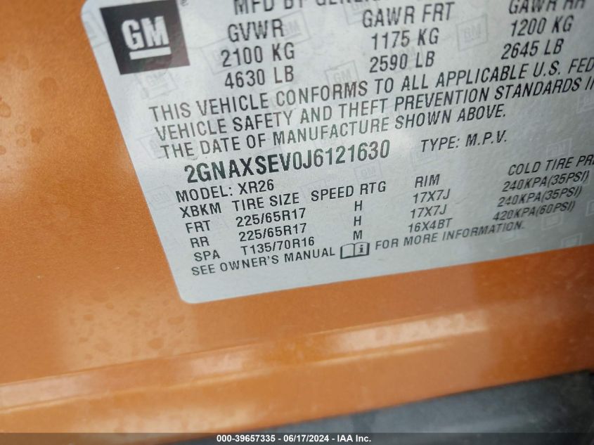 2018 Chevrolet Equinox Lt VIN: 2GNAXSEV0J6121630 Lot: 39657335
