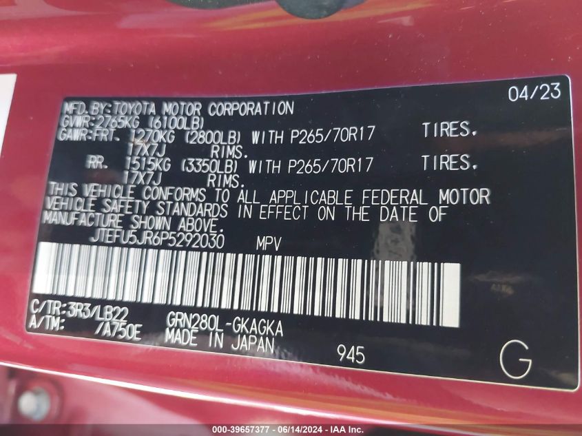 2023 Toyota 4Runner Sr5 Premium VIN: JTEFU5JR6P5292030 Lot: 39657377