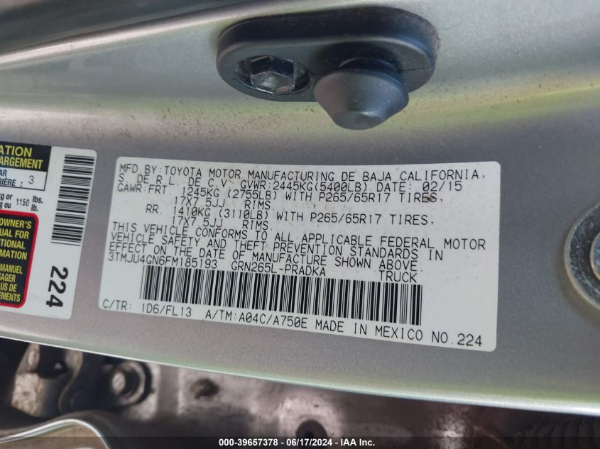 2015 Toyota Tacoma Prerunner V6 VIN: 3TMJU4GN6FM185193 Lot: 39657378