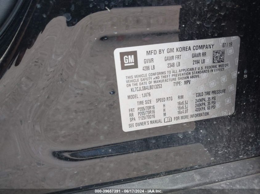 2020 Chevrolet Trax Fwd Lt VIN: KL7CJLSB4LB013253 Lot: 39657391