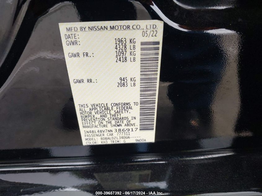 2022 Nissan Altima S Fwd VIN: 1N4BL4BV7NN386917 Lot: 39657392