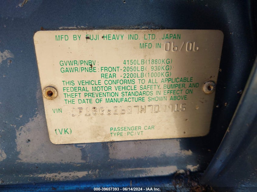 2007 Subaru Forester 2.5X VIN: JF1SG63687H709915 Lot: 39657393