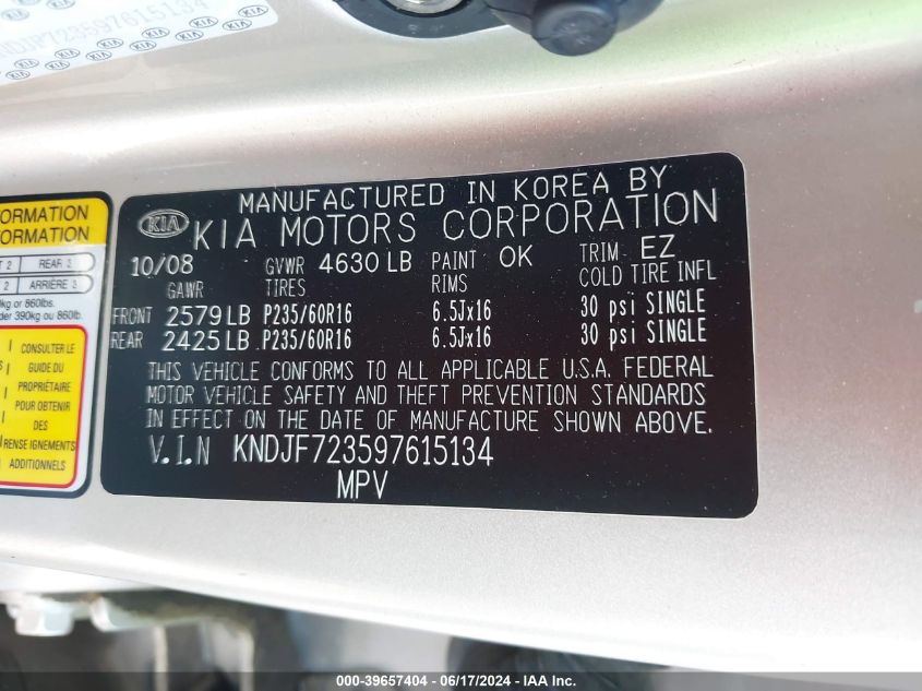 2009 Kia Sportage Ex V6 VIN: KNDJF723597615134 Lot: 39657404